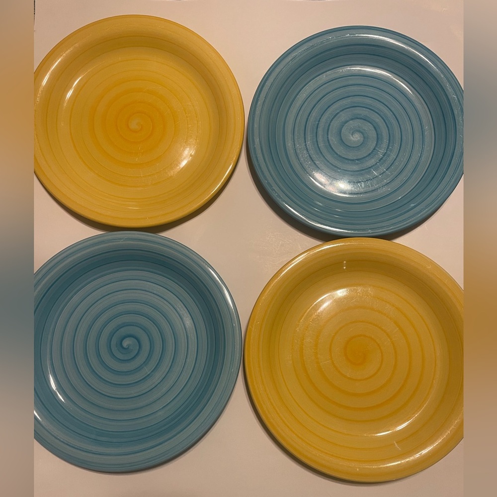 4 Citrus Grove Hand Painted Stoneware Swirl Light Blue And Yellow Dinner Plate